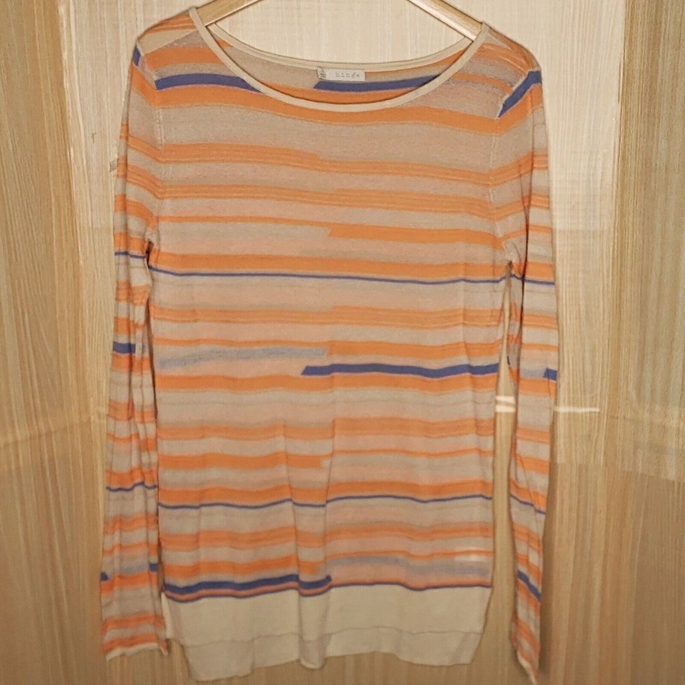 Hinge Womens Thin Striped Semi Sheer Long Sleeve Top Large